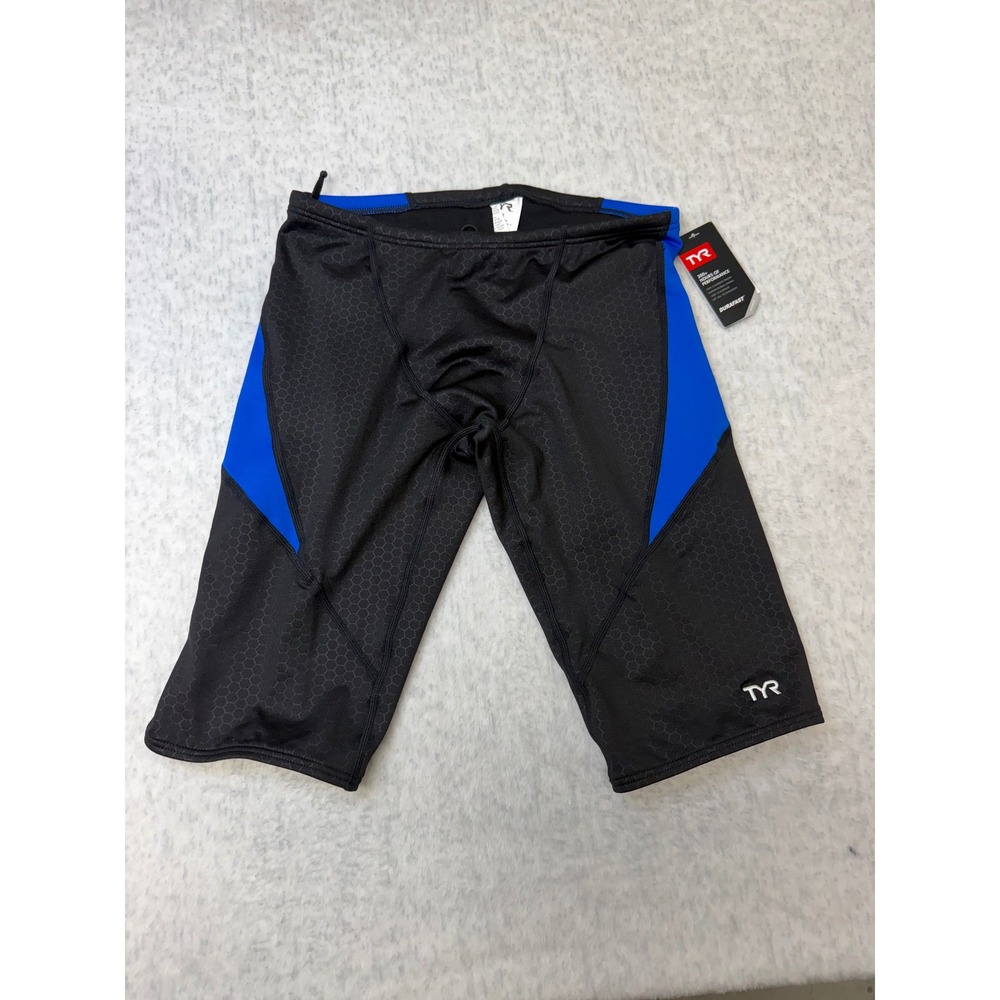 TYR Mens Durafast Elite Jammer Swimsuit Black Blue Honeycomb Size 32 NEW‎